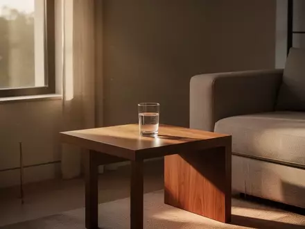 Ein helles, minimalistisches Wohnzimmer mit einem Glas Wasser auf einem Holztisch bei Tageslicht. - Foto: über boerse-global.de