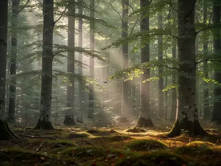 Ein friedlicher, sonnendurchfluteter Wald mit hohen Buchen und moosbewachsenem Boden in einer natürlichen Umgebung. - Foto: über boerse-global.de
