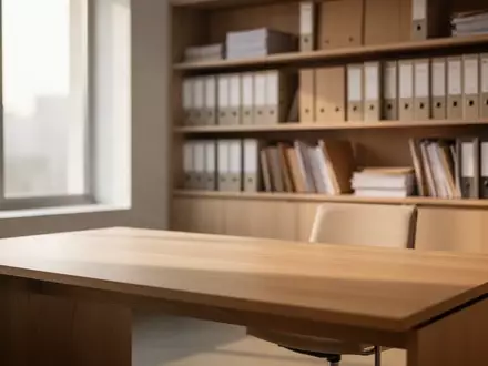 Ein minimalistischer, leerer Schreibtisch in einem hellen Büro mit einem unscharfen Archivregal im Hintergrund. - Foto: über boerse-global.de