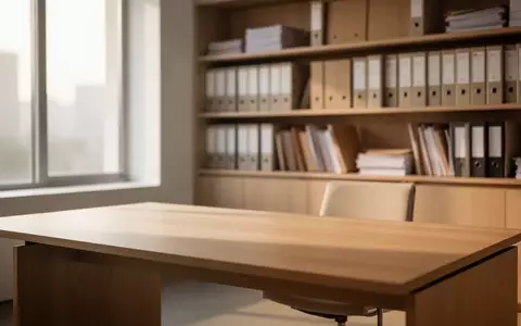 Ein minimalistischer, leerer Schreibtisch in einem hellen Büro mit einem unscharfen Archivregal im Hintergrund. - Foto: über boerse-global.de