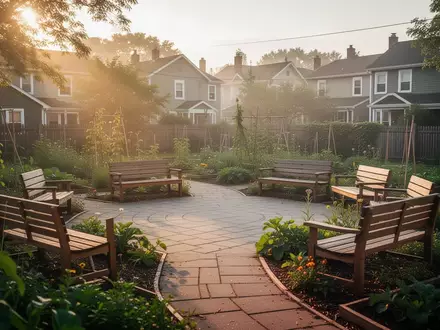 Ein sonniger Gemeinschaftsgarten mit Sitzgelegenheiten in einem Wohnviertel als Symbol für soziale Vernetzung. - Foto: über boerse-global.de