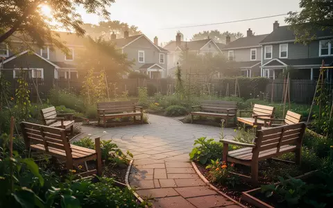 Ein sonniger Gemeinschaftsgarten mit Sitzgelegenheiten in einem Wohnviertel als Symbol für soziale Vernetzung. - Foto: über boerse-global.de