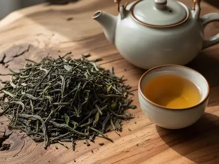Getrocknete Teeblätter und eine schlichte Keramiktasse mit Tee auf einem hölzernen Untergrund bei natürlichem Licht. - Foto: über boerse-global.de