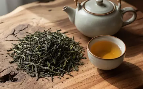 Getrocknete Teeblätter und eine schlichte Keramiktasse mit Tee auf einem hölzernen Untergrund bei natürlichem Licht. - Foto: über boerse-global.de