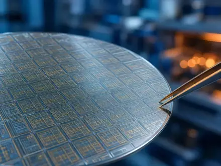 Nahaufnahme eines Silizium-Wafers mit Mikrochip-Strukturen in einer sterilen Laborumgebung. - Foto: über boerse-global.de