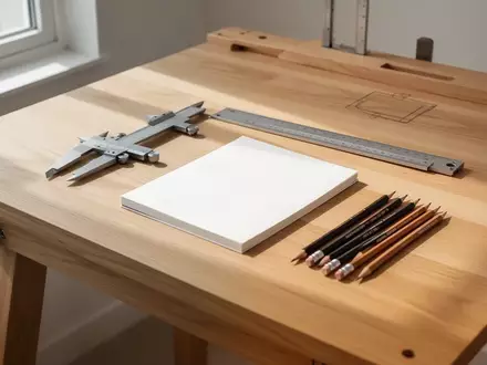 Ein minimalistischer Arbeitsplatz mit einem hölzernen Zeichentisch, auf dem technisches Zeichenwerkzeug und ein Skizzenbuch liegen. - Foto: über boerse-global.de