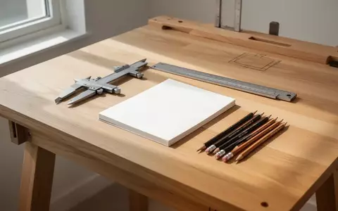 Ein minimalistischer Arbeitsplatz mit einem hölzernen Zeichentisch, auf dem technisches Zeichenwerkzeug und ein Skizzenbuch liegen. - Foto: über boerse-global.de