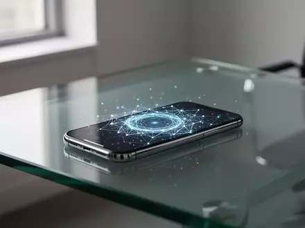 Ein Smartphone auf einem modernen Schreibtisch zeigt eine digitale Blockchain-Visualisierung. - Foto: über boerse-global.de