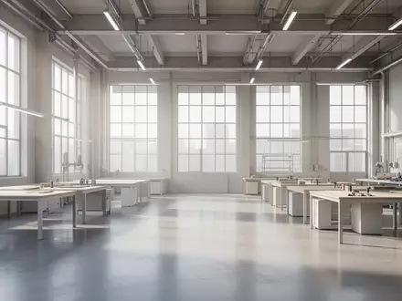 Heller, moderner und aufgeräumter Arbeitsbereich in einer Industriehalle mit viel natürlichem Tageslicht. - Foto: über boerse-global.de