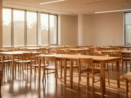 Ein heller, freundlicher Speisesaal in einer Senioreneinrichtung mit leeren Tischen und Stühlen in natürlichem Licht. - Foto: über boerse-global.de