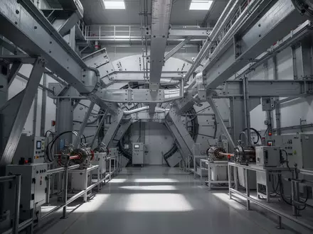 Technische Anlage in einem Teilchenbeschleuniger mit präzisen stählernen Strahlenführungen in einer Forschungsumgebung. - Foto: über boerse-global.de