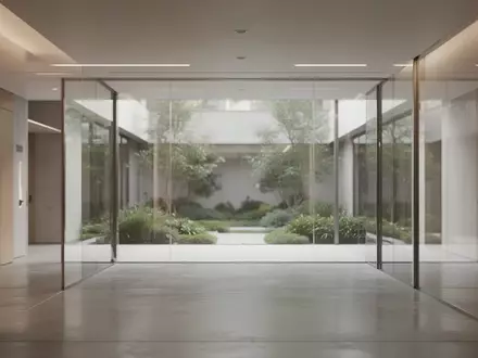 Ein heller, moderner Architekturraum mit klaren Linien und einem Blick in einen begrünten Innenhof. - Foto: über boerse-global.de