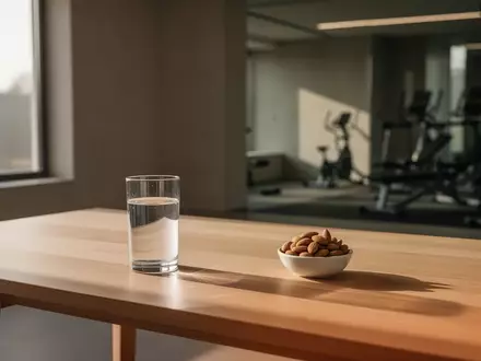 Ein minimalistischer, heller Innenraum mit einem Glas Wasser und einer Schale Mandeln auf einem Holztisch vor unscharfem Hintergrund. - Foto: über boerse-global.de