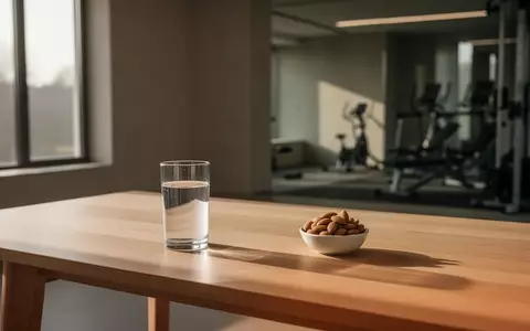 Ein minimalistischer, heller Innenraum mit einem Glas Wasser und einer Schale Mandeln auf einem Holztisch vor unscharfem Hintergrund. - Foto: über boerse-global.de