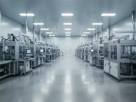 Eine weitläufige, sterile industrielle Fertigungshalle für moderne Display-Technologie mit präzisen Maschinen. - Foto: über boerse-global.de
