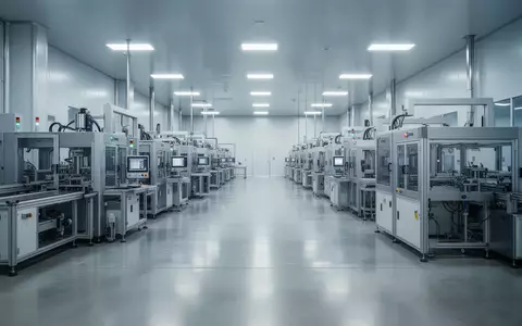 Eine weitlĂ€ufige, sterile industrielle Fertigungshalle fĂŒr moderne Display-Technologie mit prĂ€zisen Maschinen. - Foto: ĂŒber boerse-global.de