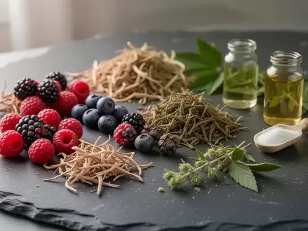 Natürliche Zutaten wie Beeren und pflanzliche Ballaststoffe auf einer dunklen Steinoberfläche zur Darstellung von Darmgesundheit. - Foto: über boerse-global.de