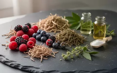 Natürliche Zutaten wie Beeren und pflanzliche Ballaststoffe auf einer dunklen Steinoberfläche zur Darstellung von Darmgesundheit. - Foto: über boerse-global.de