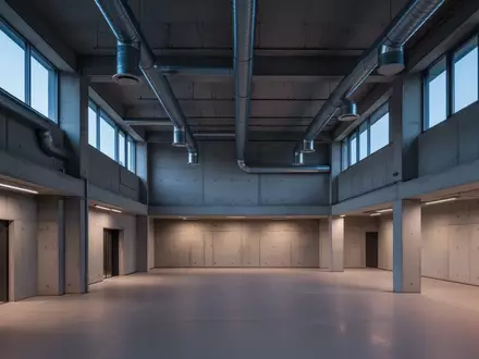 Ein minimalistisches, leeres Industriegebäude in der Dämmerung mit architektonischen Linien und indirektem Licht. - Foto: über boerse-global.de