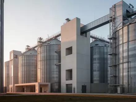 Moderne, minimalistische Architektur eines landwirtschaftlichen Silokomplexes unter klarem Himmel. - Foto: über boerse-global.de