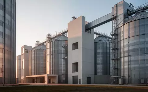 Moderne, minimalistische Architektur eines landwirtschaftlichen Silokomplexes unter klarem Himmel. - Foto: über boerse-global.de