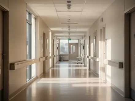 Ein heller, moderner Krankenhausflur mit neutralen Wänden und Tageslichteinfall. - Foto: über boerse-global.de