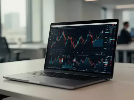 Ein moderner Arbeitsplatz mit einem Laptop, auf dem Finanzdaten grafisch dargestellt sind. - Foto: über boerse-global.de