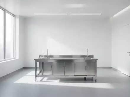 Ein minimalistischer, heller Laborraum in einer medizinischen Forschungseinrichtung mit einer leeren Edelstahlarbeitsfläche. - Foto: über boerse-global.de