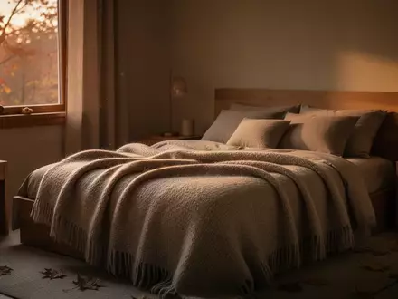 Ein minimalistisch eingerichtetes Schlafzimmer mit warmen Textilien und herbstlichem Licht, das eine ruhige Atmosphäre ausstrahlt. - Foto: über boerse-global.de