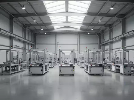Moderne, leere Industriehalle mit modularen Arbeitsstationen in einer hellen, professionellen Umgebung. - Foto: über boerse-global.de