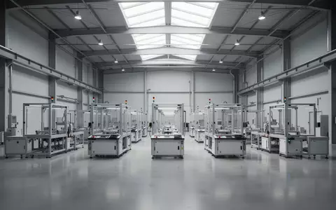 Moderne, leere Industriehalle mit modularen Arbeitsstationen in einer hellen, professionellen Umgebung. - Foto: über boerse-global.de