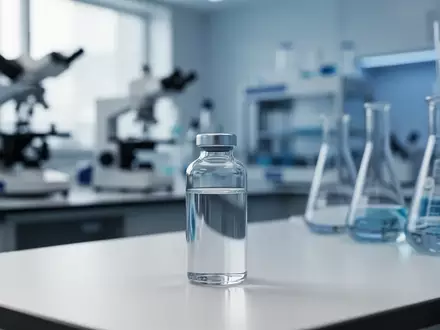 Ein steriler Labortisch mit einem gläsernen Fläschchen vor einer unscharfen Kulisse aus medizinischen Forschungsgeräten. - Foto: über boerse-global.de