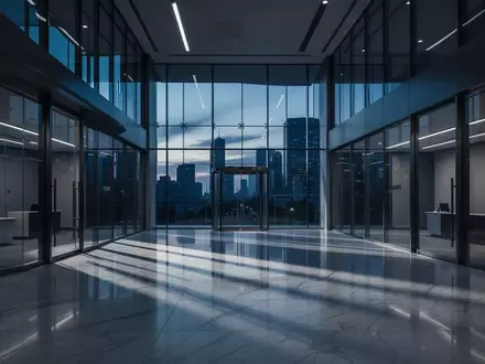 Ein leeres, modernes Bankgebäude mit Glasfassade und Marmorboden in den Abendstunden. - Foto: über boerse-global.de