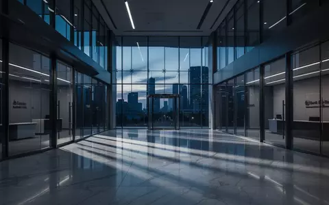 Ein leeres, modernes Bankgebäude mit Glasfassade und Marmorboden in den Abendstunden. - Foto: über boerse-global.de