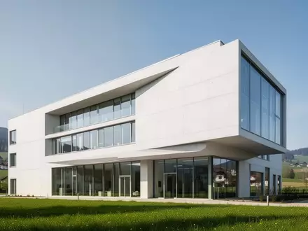 Modernes Klinikgebäude aus Beton und Glas vor einem klaren Himmel in Bayern. - Foto: über boerse-global.de