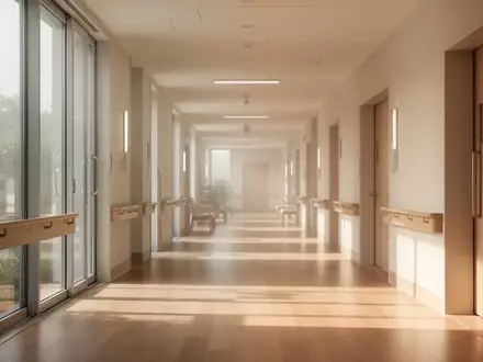 Ein heller, moderner Flur in einer Pflegeeinrichtung mit klaren architektonischen Linien und einfallendem Tageslicht. - Foto: über boerse-global.de