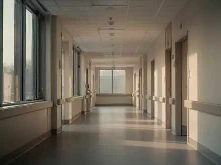 Ein heller, minimalistischer Krankenhausflur in natürlichem Licht ohne Personen. - Foto: über boerse-global.de