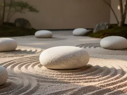 Ein minimalistischer Zen-Garten mit glatten Steinen auf geharktem Sand in ruhigem Morgenlicht. - Foto: über boerse-global.de