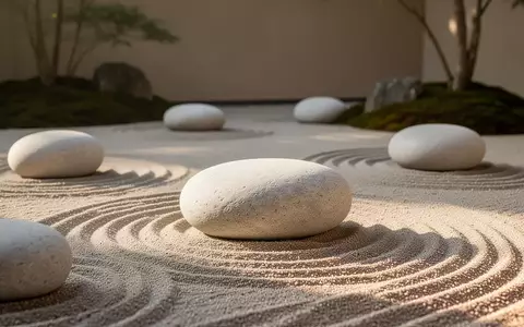 Ein minimalistischer Zen-Garten mit glatten Steinen auf geharktem Sand in ruhigem Morgenlicht. - Foto: über boerse-global.de