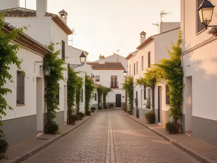 Eine sonnendurchflutete, ruhige spanische Wohnstraße mit weißem Stuck und mediterraner Architektur ohne Personen. - Foto: über boerse-global.de