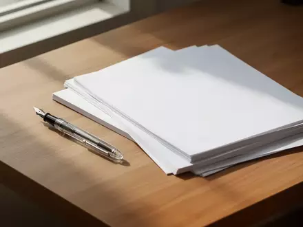 Ein minimalistischer, aufgeräumter Schreibtisch mit einem leeren Füllfederhalter und einem Stapel unbeschriebener Papierbögen. - Foto: über boerse-global.de