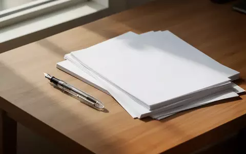 Ein minimalistischer, aufgeräumter Schreibtisch mit einem leeren Füllfederhalter und einem Stapel unbeschriebener Papierbögen. - Foto: über boerse-global.de
