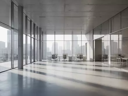 Ein minimalistischer, leerer Büro- und Konferenzraum in einem modernen Finanzgebäude mit großen Glasfronten und klaren Strukturen. - Foto: über boerse-global.de