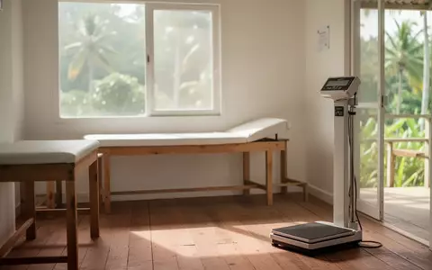 Eine ländliche Gesundheitsstation mit medizinischen Waagen und einer Untersuchungsliege in einem hellen, ruhigen Raum. - Foto: über boerse-global.de