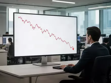 Ein einsamer Händler blickt auf einen Monitor mit einem fallenden Aktienchart in einem modernen Bürogebäude. - Foto: über boerse-global.de