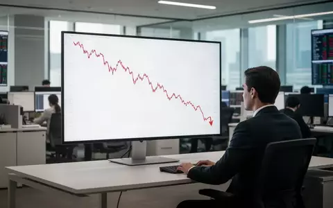Ein einsamer Händler blickt auf einen Monitor mit einem fallenden Aktienchart in einem modernen Bürogebäude. - Foto: über boerse-global.de