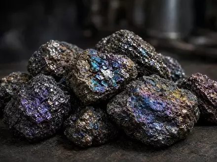 Nahaufnahme von glänzenden, rohen Seltene-Erden-Mineralien auf einem dunklen industriellen Untergrund. - Foto: über boerse-global.de