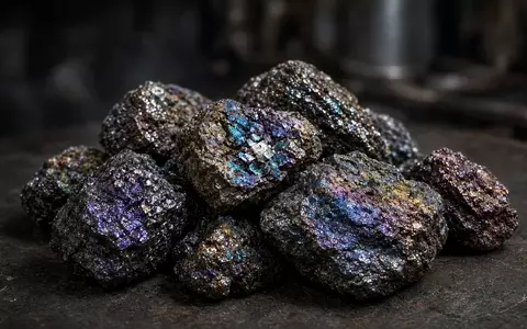 Nahaufnahme von glänzenden, rohen Seltene-Erden-Mineralien auf einem dunklen industriellen Untergrund. - Foto: über boerse-global.de