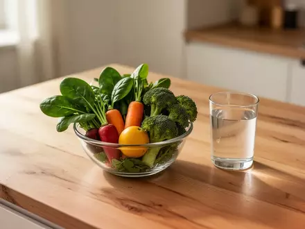 Eine Schale mit frischem Gemüse und ein Glas Wasser auf einer hölzernen Arbeitsplatte in einer hellen Küche. - Foto: über boerse-global.de