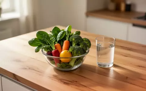 Eine Schale mit frischem Gemüse und ein Glas Wasser auf einer hölzernen Arbeitsplatte in einer hellen Küche. - Foto: über boerse-global.de